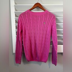 Lilly Pulitzer Pink Cable Knit Sweater Xs crew Neck Preppy Green Palm